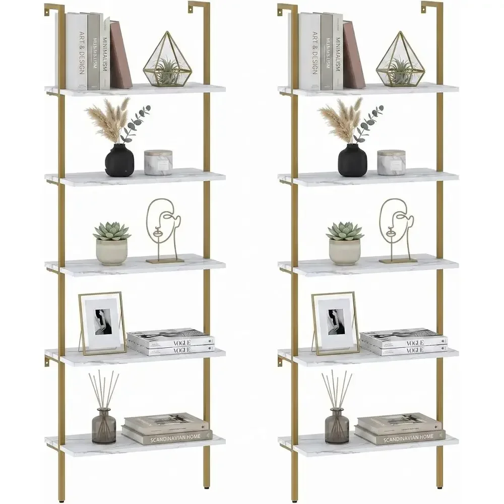 Home Office With Bookshelves - 5단 화이트 대리석 벽걸이형 나무 선반