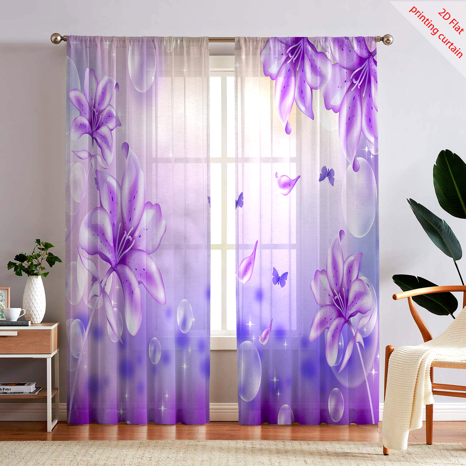 Home Office Windows - 보라색 꽃무늬 투명 거즈 커튼, 거실,