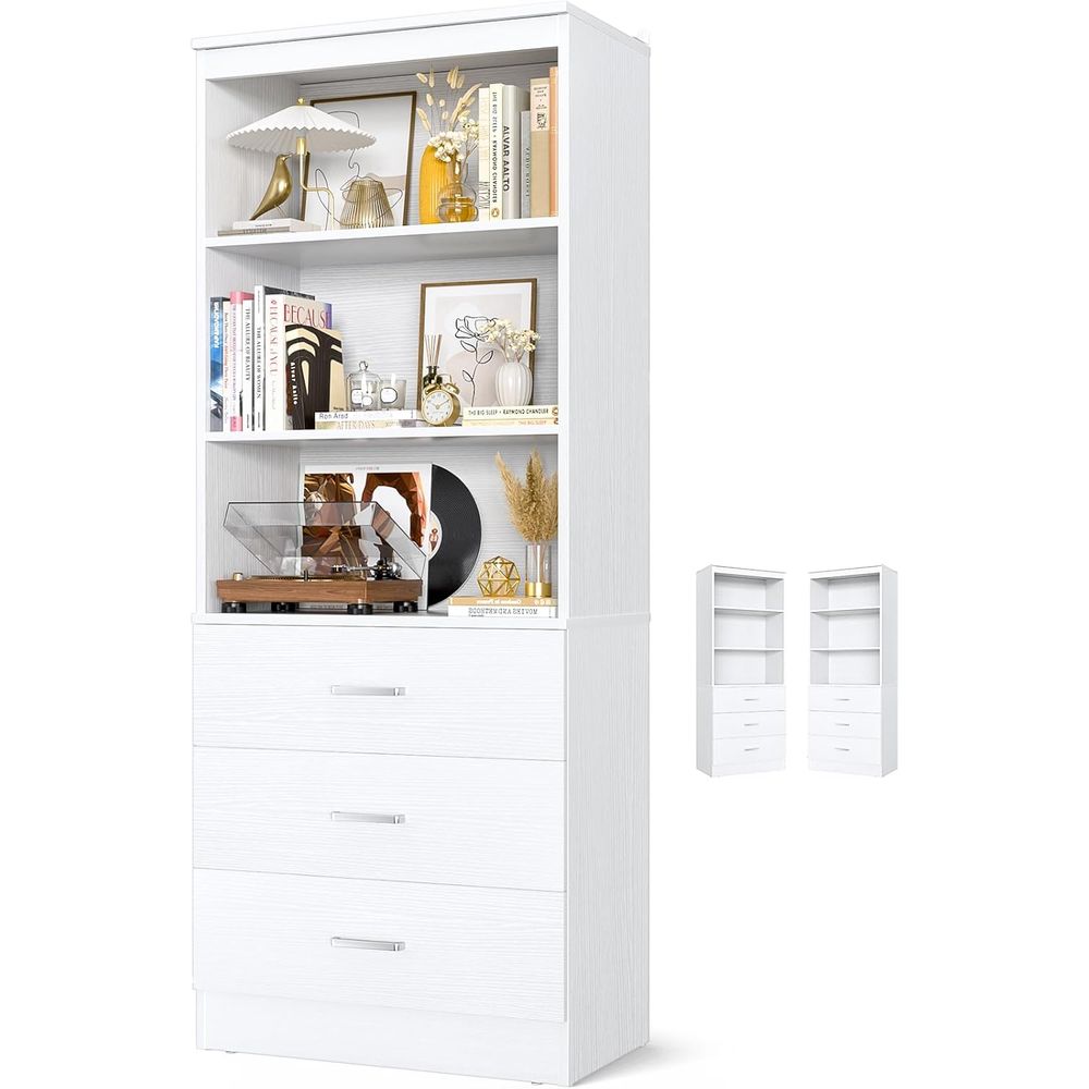 Home Office With Bookshelves - 6단 화이트 원목 책장, 거실 및