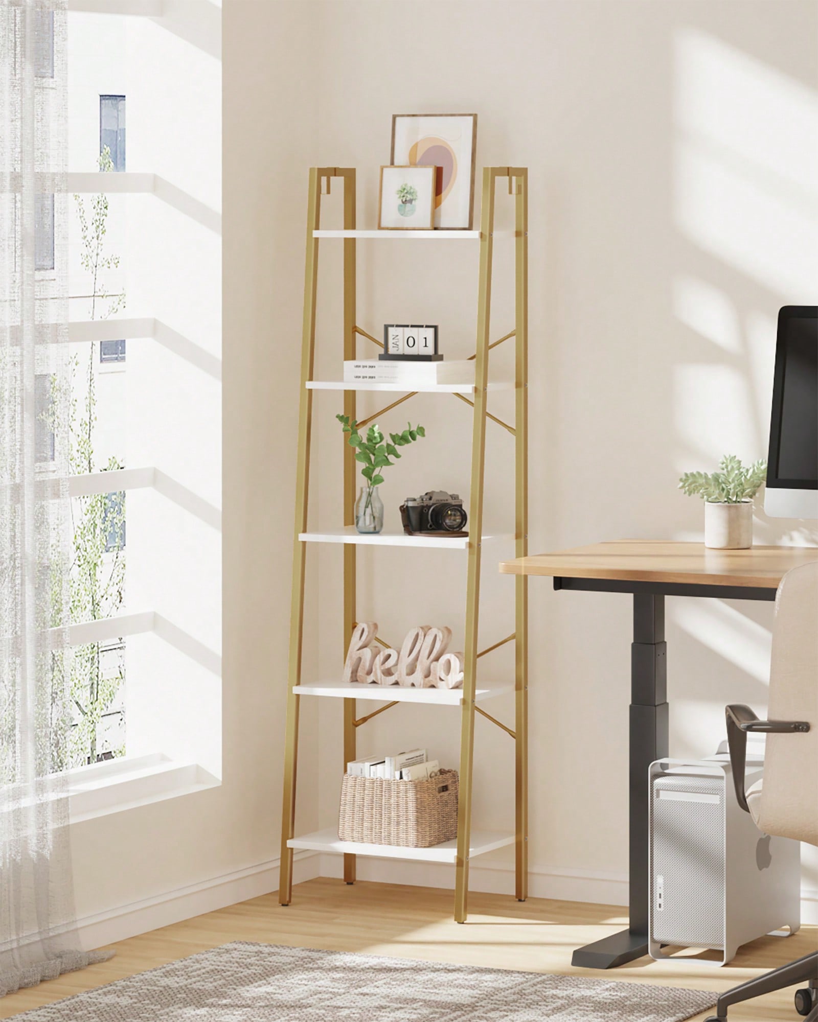 Home Office With Bookshelves - 5단 사다리형 선반 모던 글램 화이트