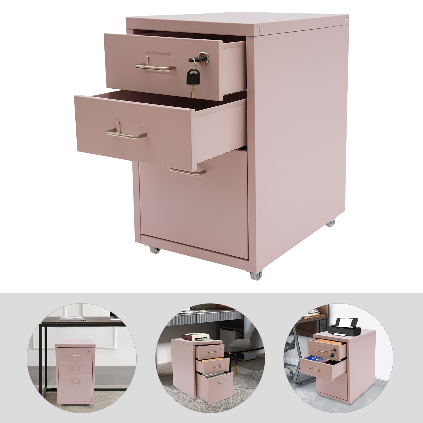 3단 직사각형 강철 수직 파일 캐비닛, 핑크/화이트/블 - Rolling File Cart 리뷰 및 가격