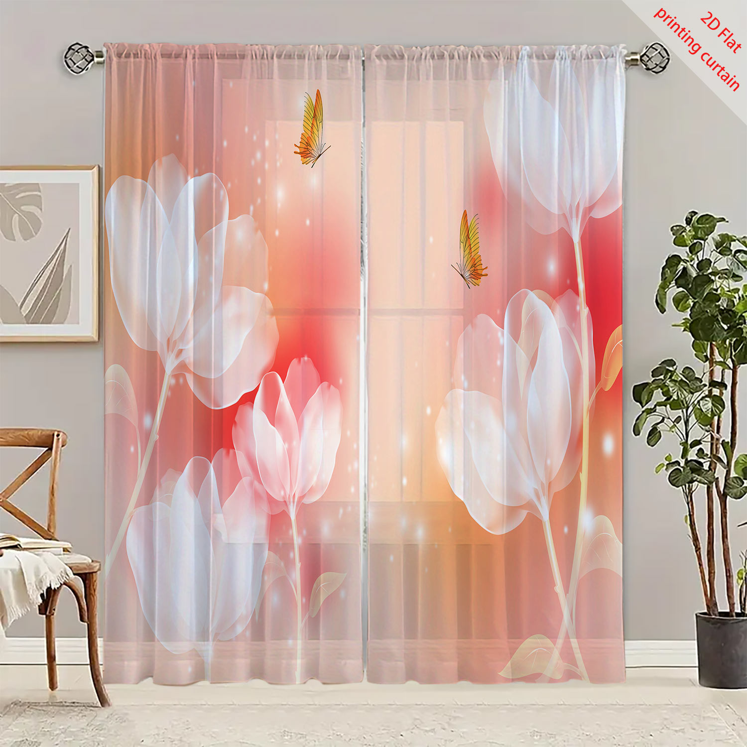 보라색 꽃무늬 투명 거즈 커튼, 거실, 침실, 발코니  - Home Office Windows 리뷰 및 가격