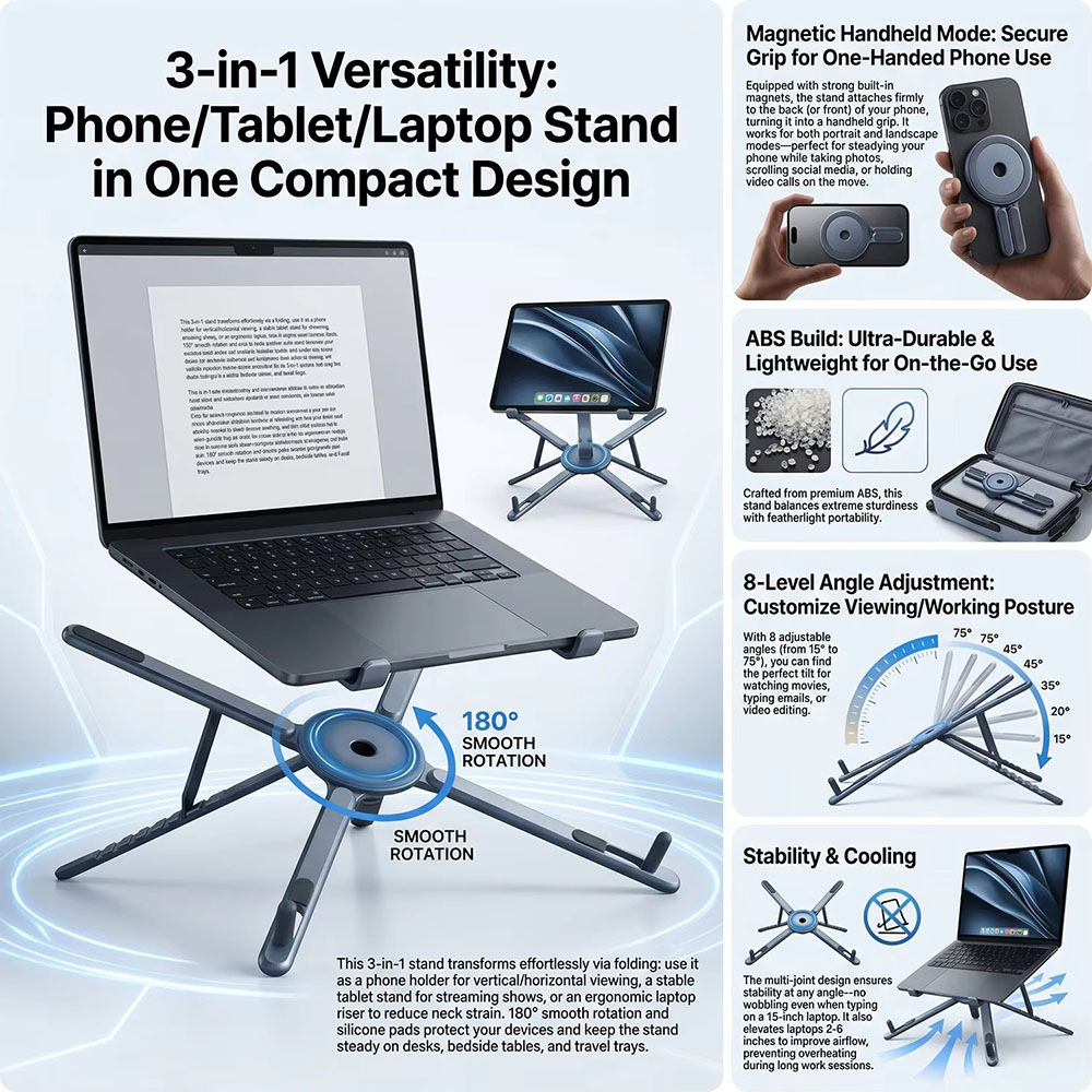 휴대용 자석식 휴대폰 거치대 & 셀카봉 3-in-1 접 - Laptop Stand Foldable 리뷰 및 가격