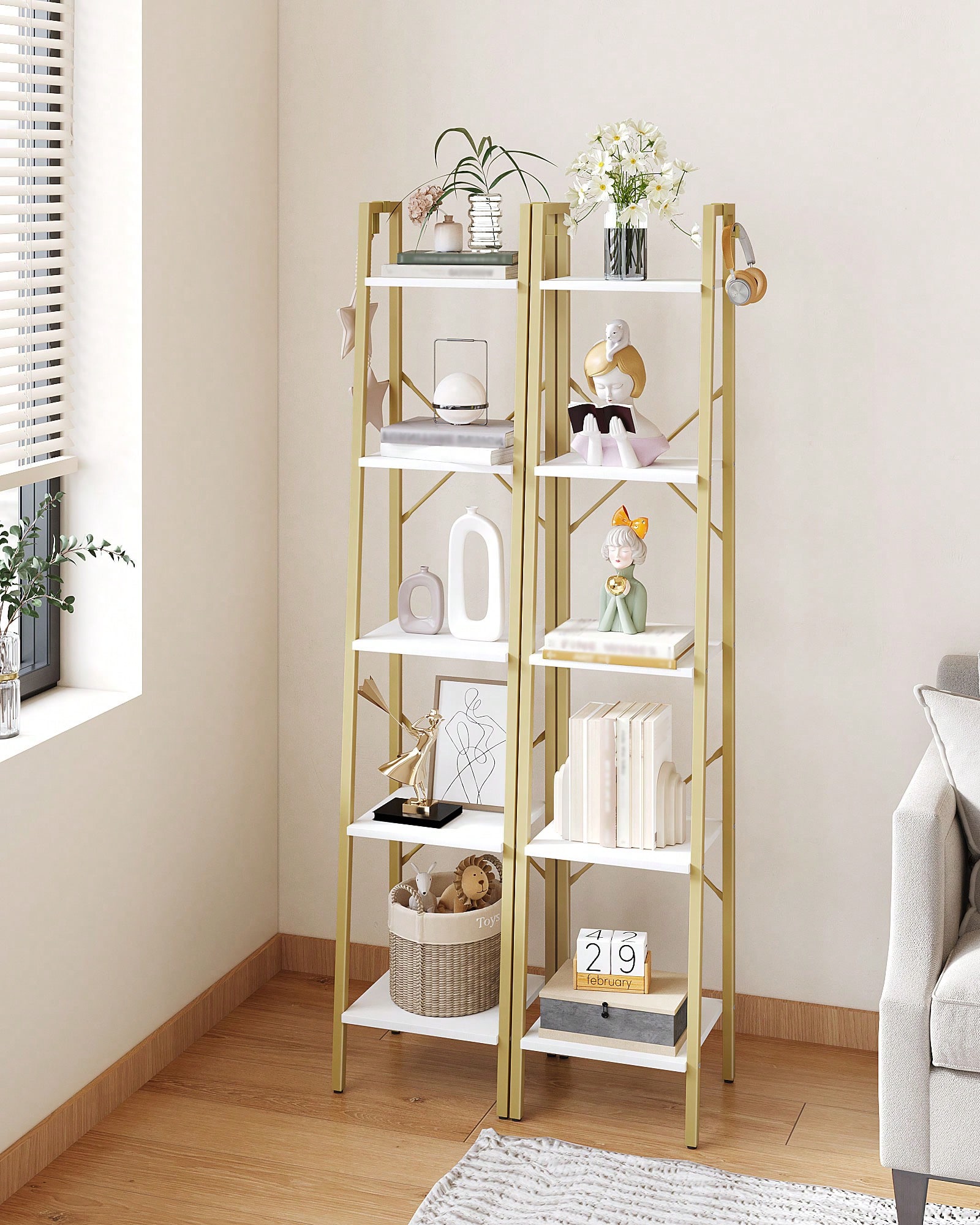 5단 사다리형 선반 모던 글램 화이트 골드 책장 나무- - Home Office With Bookshelves 리뷰 및 가격
